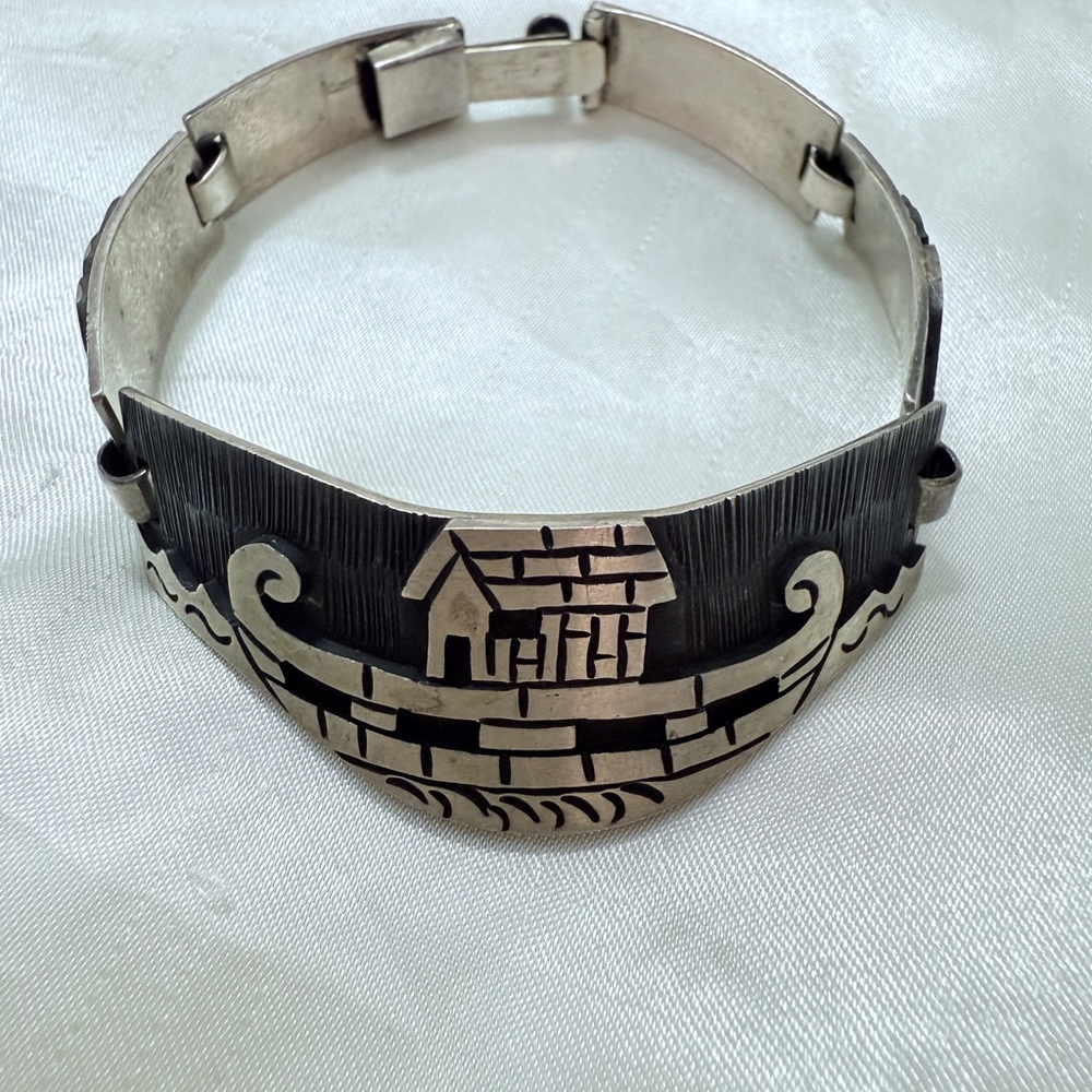 Taxco Silver Bracelet with Intricate Folk Art Design